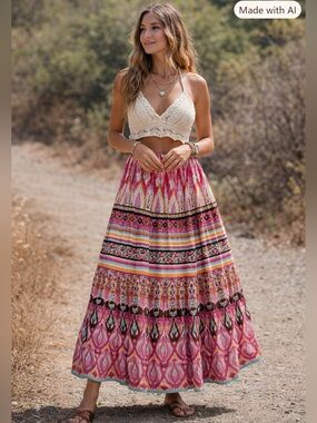 Harold’s Southwestern Boho Tiered Midi Skirt 4 Pink Ikat Festival Cottagecore
